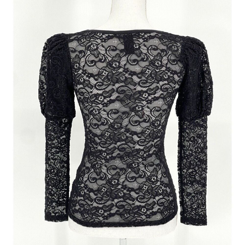 Smythe Juliet Keyhole Black Lace Blouse Long Puff Sleeve Ruched Womens Size S - Picture 2 of 5